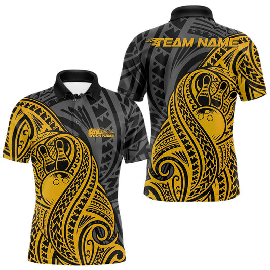 Custom Black And Yellow Maori Style Koru Spiral Tribal Men Bowling Polo Team Shirt LM1203