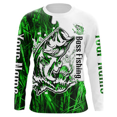 Maxcorners Custom Largemouth Bass Fishing Long Sleeve Tournament Shirts, Bass Fishing League Shirt | Green Camo LM2408