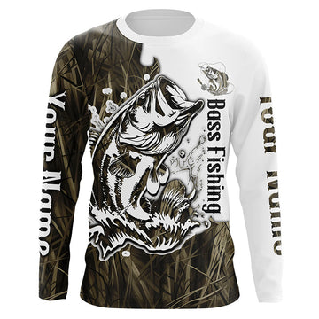 Maxcorners Custom Largemouth Bass Fishing Long Sleeve Tournament Shirts, Bass Fishing League Shirt | Grass Camo LM0201