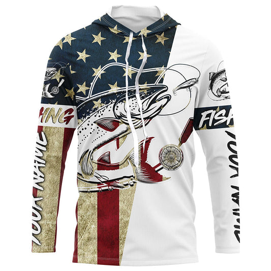 Maxcorners American Flag Custom Chinook Salmon Fishing Long Sleeve Shirts, Patriotic Salmon Fishing Jerseys LM0201