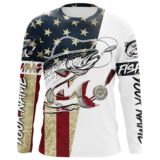 Maxcorners American Flag Custom Chinook Salmon Fishing Long Sleeve Shirts, Patriotic Salmon Fishing Jerseys LM0201