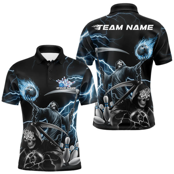 Maxcorners Custom Blue Lightning Grim Reaper Skull Bowling Men Polo Shirt, Halloween Outfit LM1809