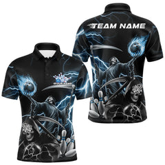 Maxcorners Custom Blue Lightning Grim Reaper Skull Bowling Men Polo Shirt, Halloween Outfit LM1809