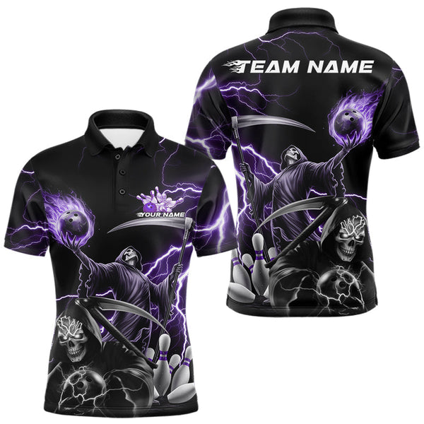 Maxcorners Custom Purple Lightning Grim Reaper Skull Bowling Men Polo Shirt, Halloween Outfit LM1809