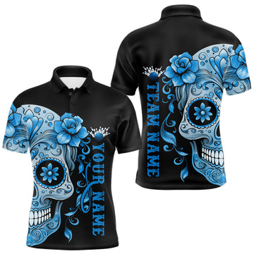 Maxcorners Blue Sugar Skull Tattoo Custom Men Bowling Polo Shirt, Halloween Team Bowling Jerseys LM2602