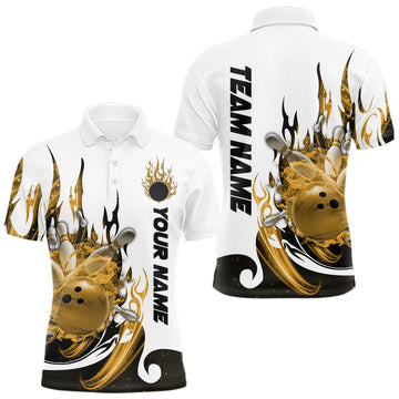Maxcorners Custom Yellow Flame Bowling Team Jerseys, Bowling League Polo Shirt For Men LM2602