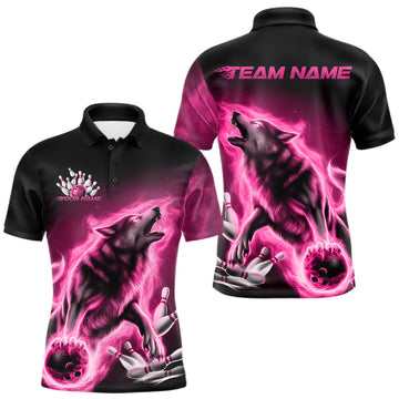 Maxcorners Pink Flame Wolf Custom Bowling Team Shirt For Men, Fire Wolf Bowling Jerseys LM2602