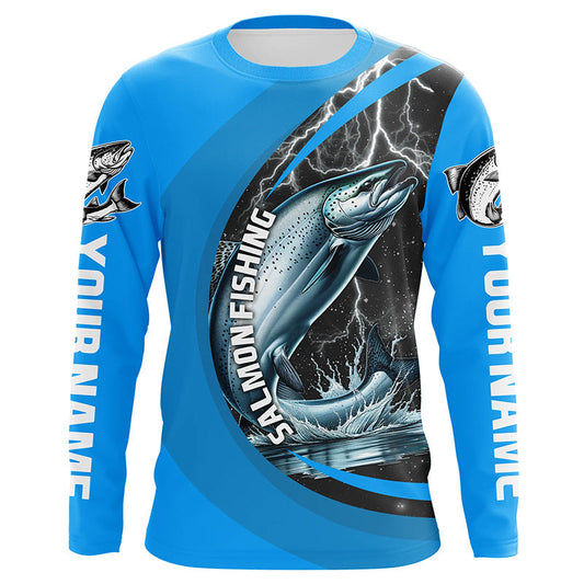 Maxcorners Custom Chinook Salmon Fishing Jerseys, King Salmon Fishing Long Sleeve Performance Shirt | Water Blue LM0201