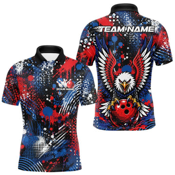 Maxcorners Custom Red, White And Blue Splatter Patrotic Eagle Bowling Team Men Polo Shirts LM1705