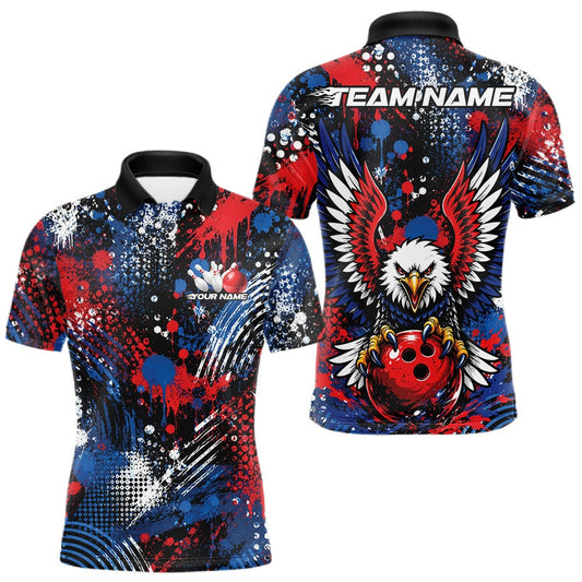 Maxcorners Custom Red, White And Blue Splatter Patrotic Eagle Bowling Team Men Polo Shirts LM1705