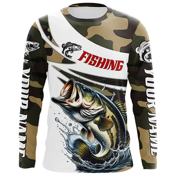Maxcorners Custom Bass Long Sleeve Fishing Shirts, Personalized Bass Fishing Jerseys Camouflage LM0201