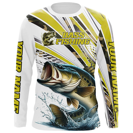 Maxcorners Personalized Largemouth Bass Fishing Jerseys, Custom Bass Long Sleeve Fishing Shirts Camo LM2408