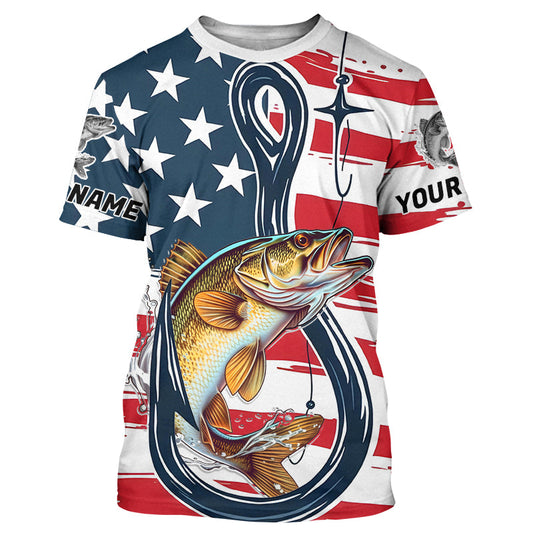 Maxcorners Us Flag Fish Hook Custom Patriotic Walleye Long Sleeve Fishing Shirts, Walleye Fishing Jerseys