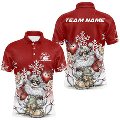 Maxcorners Custom Funny Santa Claus Christmas Bowling Men Polo Shirts, Xmas Bowling Team Shirt TU1011