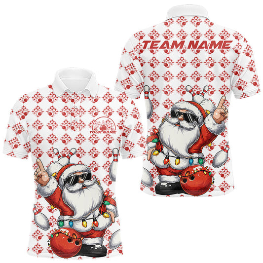 Maxcorners Custom Funny Red Pattern Santa Claus Christmas Bowling Men Polo Shirts, Xmas Bowling Team Shirt LM2603