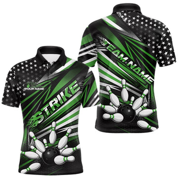 Maxcorners Custom Black And Green US Flag Patriotic Strike Bowling Team Shirt, Freedom Bowling League Shirt Bowler Jerseys LM1501