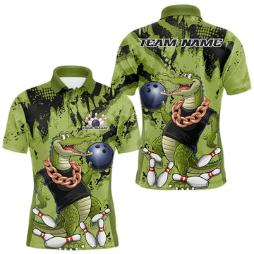 Maxcorners Green Custom Funny Alligator Bowling Men Polo Shirt, Bowling Team Jerseys Bowler Outfit LM2602