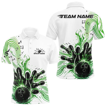 Maxcorners Custom Green Music Flame Bowling Men Polo Shirt, Bowling League Shirt Bowler Jerseys