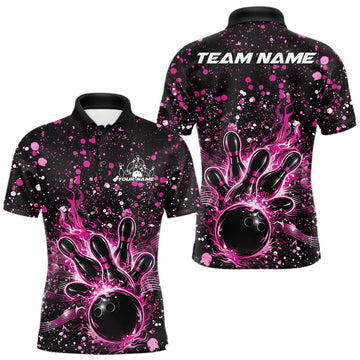 Maxcorners Custom Pink Splatter Music Flame Bowling Men Polo Shirt, Music Bowling Jerseys