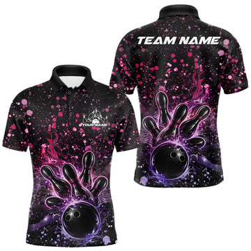 Maxcorners Custom Pink And Purple Splatter Music Flame Bowling Men Polo Shirt, Music Bowling Jerseys