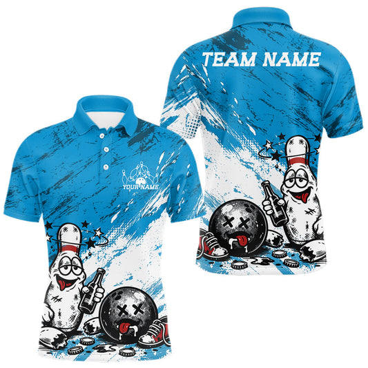 Maxcorners Custom Funny Drunk Bowling Ball And Pins Bowling Shirts For Men, Women And Kid, Bowling And Beer Jerseys | Blue LM1705
