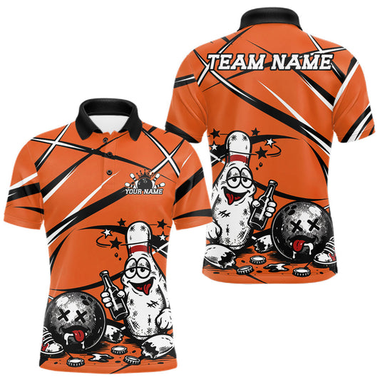 Maxcorners Orange Custom Funny Drunk Bowling Ball And Pins Bowling Shirts For Men, Women And Kid, Bowling And Beer Jersey