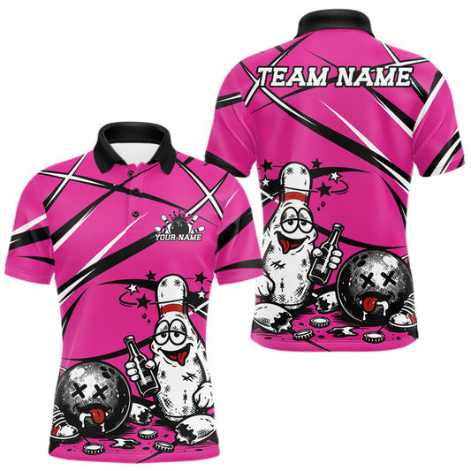 Maxcorners Pink Custom Funny Drunk Bowling Ball And Pins Bowling Shirts For Men, Women And Kid, Bowling And Beer Jersey