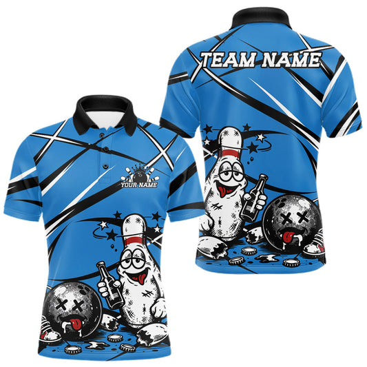 Maxcorners Blue Custom Funny Drunk Bowling Ball And Pins Bowling Shirts For Men, Women And Kid, Bowling And Beer Jersey