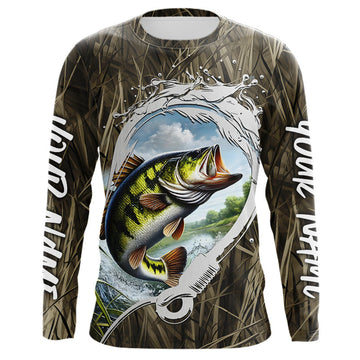 Maxcorners Custom Largemouth Bass Long Sleeve Tournament Fishing Shirts, Camo Fish Hook Bass Fishing Jerseys LM0201