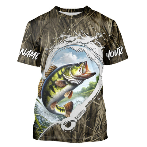 Maxcorners Custom Largemouth Bass Tournament Fishing T-Shirts, Camo Fish Hook Bass Fishing Jerseys MT2108