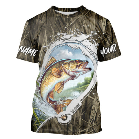 Maxcorners Custom Walleye Tournament Fishing T-Shirts, Camo Fish Hook Walleye Fishing Jerseys MT2108
