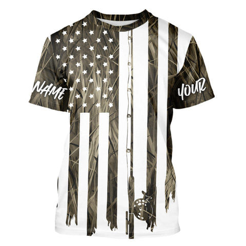 Maxcorners Custom Camouflage US Flag Fishing Rod Patriotic Fishing T-Shirtss MT2108
