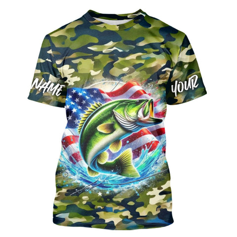 Maxcorners US Flag Largemouth Bass Fishing Camo Custom Patriotic Tournament Fishing T-Shirts MT2108