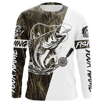 Maxcorners Custom Bass Fishing Tattoo Grass Camo Long Sleeve Tournament Fishing Shirts, Bass Fishing Jerseys LM0201