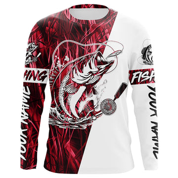 Maxcorners Custom Bass Fishing Tattoo Red Camo Long Sleeve Tournament Fishing Shirts, Bass Fishing Jerseys LM0201