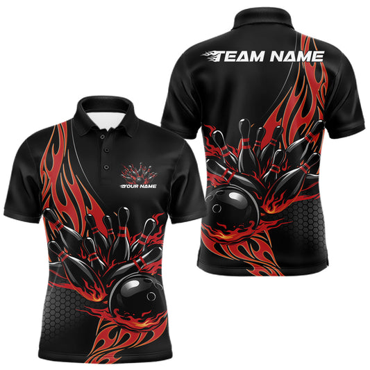 Maxcorners Custom Red Flame Bowling Men Polo Shirt, Team Jerseys Bowling League Shirt LM1705