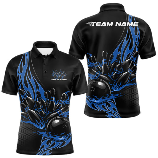 Maxcorners Custom Blue Flame Bowling Men Polo Shirt, Team Jerseys Bowling League Shirt