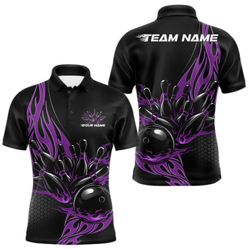 Maxcorners Custom Purple Flame Bowling Men Polo Shirt, Team Jerseys Bowling League Shirt