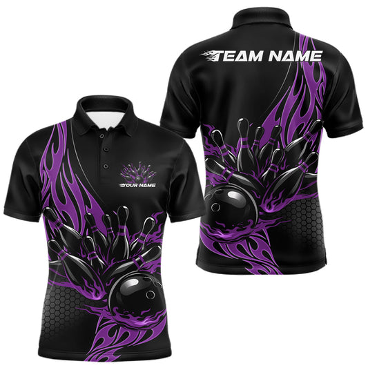 Maxcorners Custom Purple Flame Bowling Men Polo Shirt, Team Jerseys Bowling League Shirt