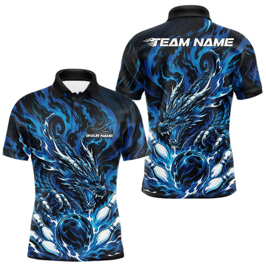 Maxcorners Blue Custom Multi Color Dynamic Fire Flame Dragon Bowling Team Tournament Shirts For Men, Women And Kid