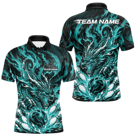 Maxcorners Cyan Custom Multi Color Dynamic Fire Flame Dragon Bowling Team Tournament Shirts For Men, Women And Kid