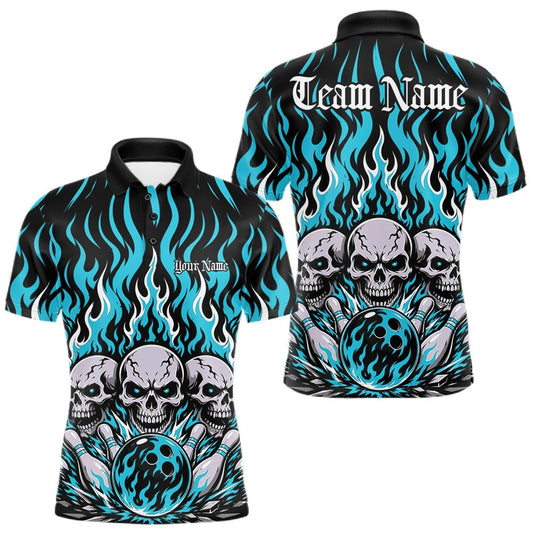 Maxcorners Blue Custom Gothic Flame Skull Bowling Tournament Bowling League Team Shirts For Men, Women And Kid, Bowlers Jersey
