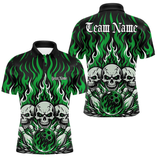 Maxcorners Green Custom Gothic Flame Skull Bowling Tournament Bowling League Team Shirts For Men, Women And Kid, Bowlers Jersey