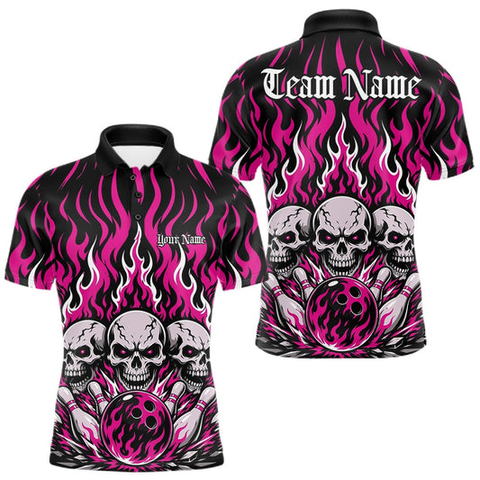 Maxcorners Pink Custom Gothic Flame Skull Bowling Tournament Bowling League Team Shirts For Men, Women And Kid, Bowlers Jersey