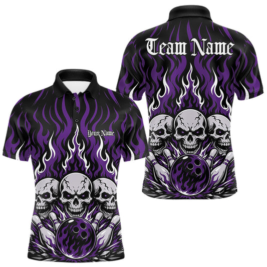 Maxcorners Purple Custom Gothic Flame Skull Bowling Tournament Bowling League Team Shirts For Men, Women And Kid, Bowlers Jersey