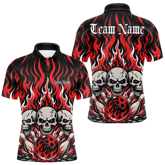 Maxcorners Red Custom Gothic Flame Skull Bowling Tournament Bowling League Team Shirts For Men, Women And Kid, Bowlers Jersey