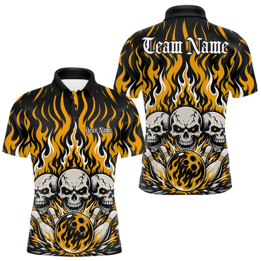 Maxcorners Yellow Custom Gothic Flame Skull Bowling Tournament Bowling League Team Shirts For Men, Women And Kid, Bowlers Jersey