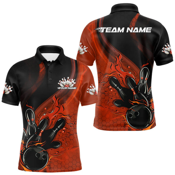 Maxcorners Custom Black And Orange Flame Bowling Polo Shirt For Men, Bowling Team League Shirt MT1309