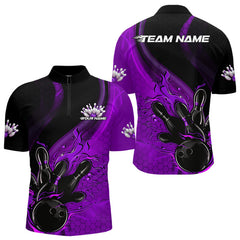 Maxcorners Custom Black And Purple Flame Bowling Polo Shirt For Men, Bowling Team League Shirt MT1309