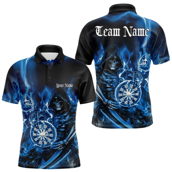 Maxcorners Custom Black And Blue Flame Grim Reaper Dart Team Men Polo Shirts, Halloween Dart Otufit LM1610